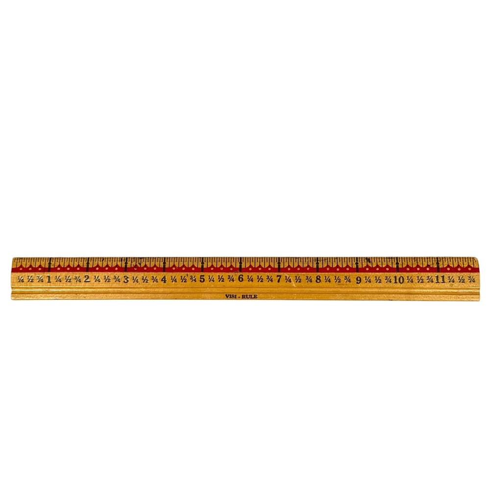 Vintage RARE Wooden Ruler 12" w/Protractor Fraction Marks Visi-Rule